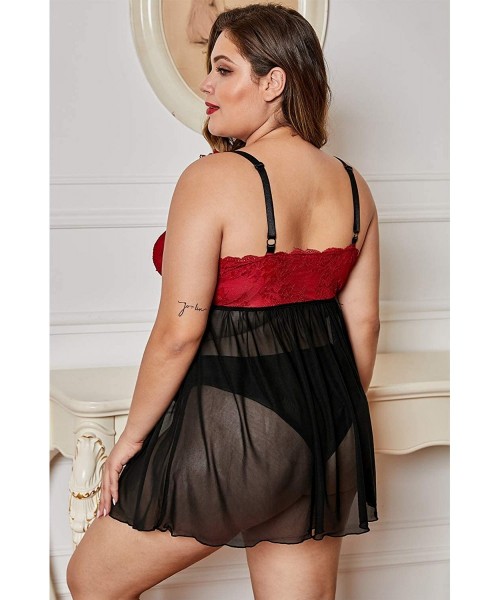 Robes Women's Plus Size Lace See Through Lingerie Babydoll Chemise Nightie - Black 31393 - CX1976LUXUL