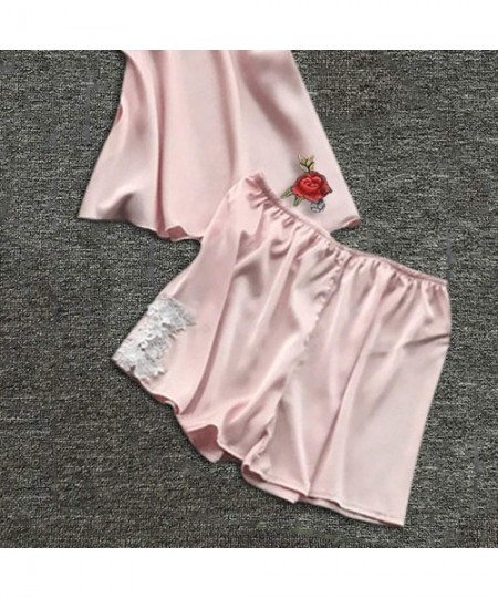 Sets Women's Pajamas Sexy Satin Silk Sleepwear Underwear Home Service Nightwear Lingerie Short 2PC Set - K - C118QU0Z790