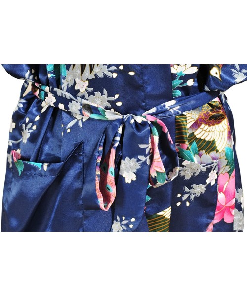 Robes Women's Long Satin Kimono Robe Japanese Kimono Night Sleepwear Bathrobe - Dark Blue - CJ12LSSE073