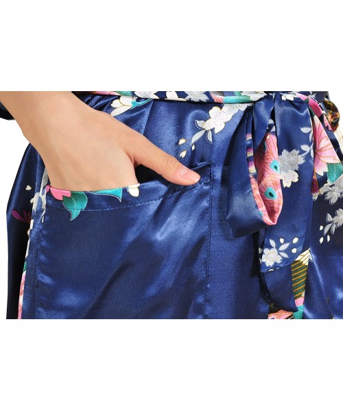 Robes Women's Long Satin Kimono Robe Japanese Kimono Night Sleepwear Bathrobe - Dark Blue - CJ12LSSE073