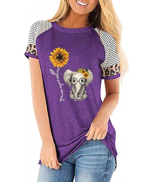 Nightgowns & Sleepshirts Women's Sunflower Leopard Patchwork Short Sleeve O-Neck Print Casual Top T-Shirt - S-purple - CM197M...