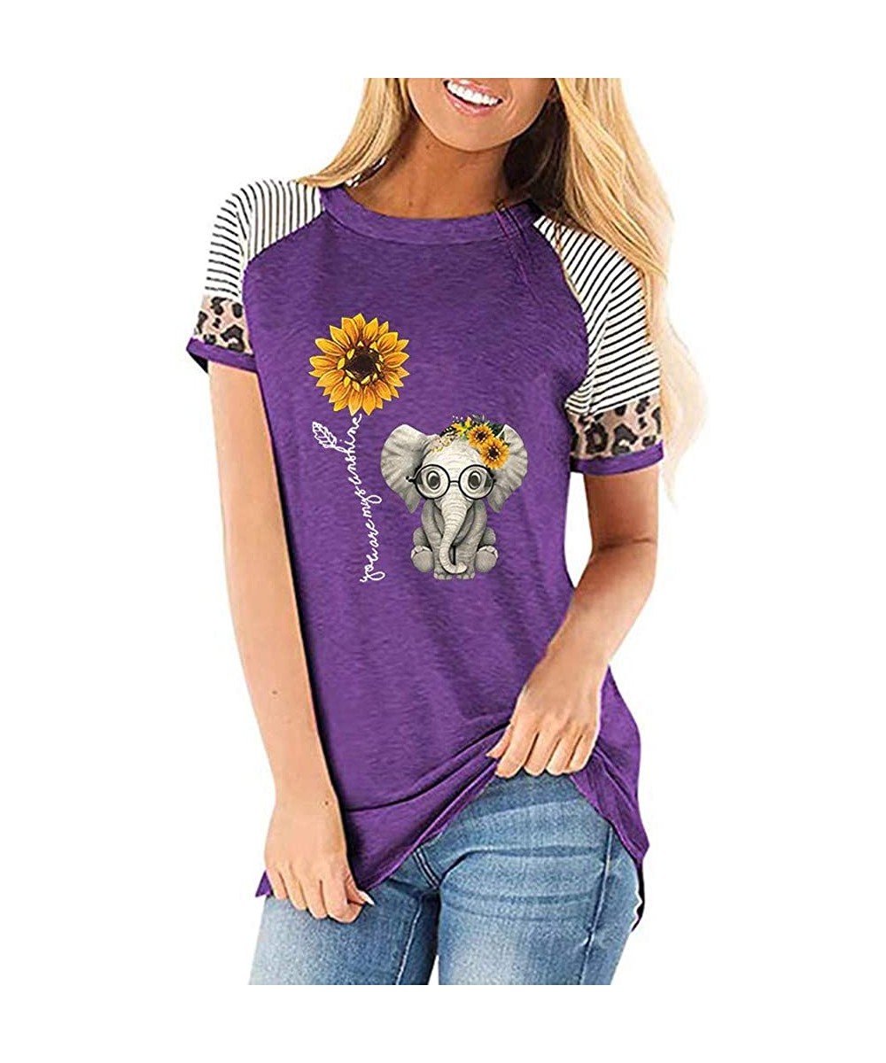 Nightgowns & Sleepshirts Women's Sunflower Leopard Patchwork Short Sleeve O-Neck Print Casual Top T-Shirt - S-purple - CM197M...