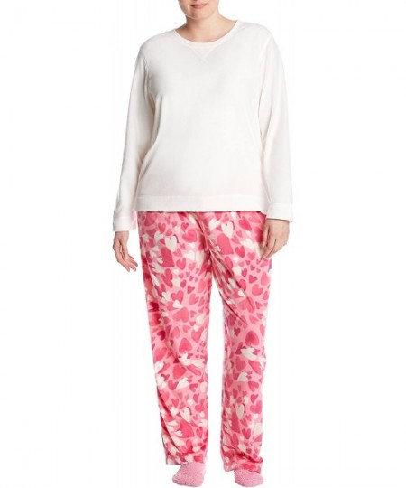 Sets Women's Sueded Fleece Long Sleeve Tee and Pant 3 Piece Pajama Set - Off White/Heart Burst - CW186OD86SU