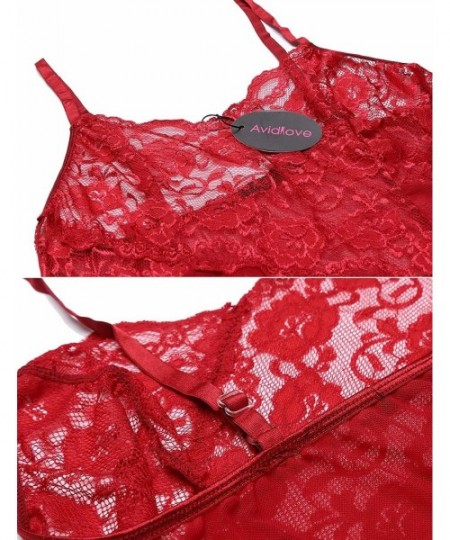 Baby Dolls & Chemises Women Lingerie Lace Sleepwear Sexy Pajamas Cami Shorts Set - Dark Red-1 - CY18U3Z6D99
