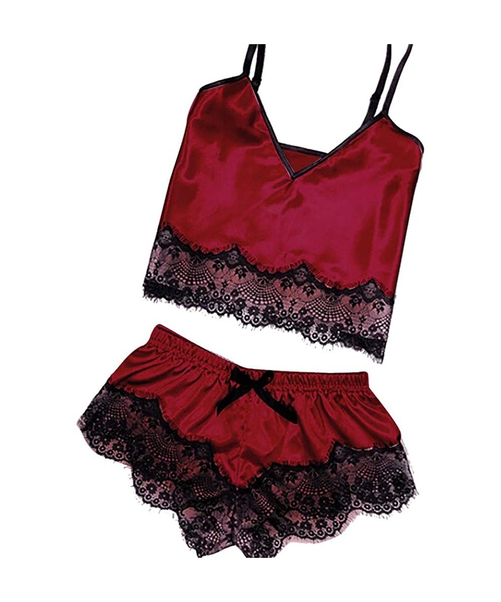 Nightgowns & Sleepshirts Womens Sexy Satin Sling Sleepwear 2PCS Tops + Pant Lingerie Lace Bowknot Nightdress Underwear - Y Re...