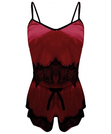 Nightgowns & Sleepshirts Womens Sexy Satin Sling Sleepwear 2PCS Tops + Pant Lingerie Lace Bowknot Nightdress Underwear - Y Re...