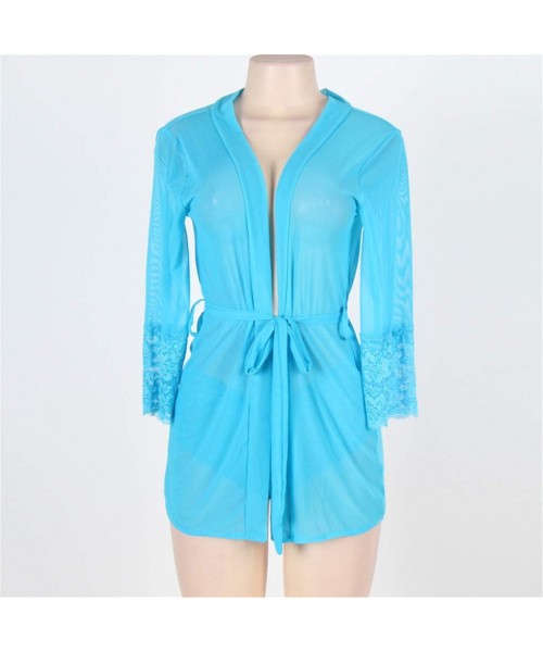 Robes Women Lingerie Plus Size Bath Rode Lace Sleeve Mesh Nightwear with Belt - Blue - CZ188W0758I