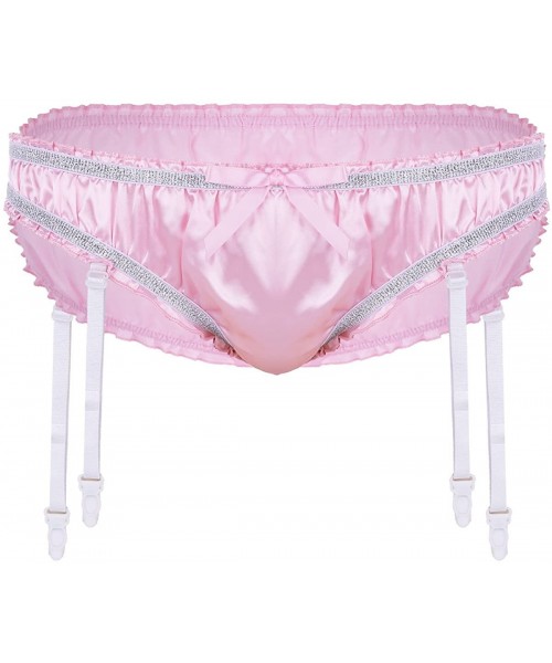 Briefs Men's Shiny Ruffled Lined Girly Panties Sissy Triangle Briefs Underwear with Plastic Garters - Pink - C718Z2NLS9M