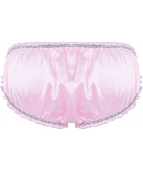 Briefs Men's Shiny Ruffled Lined Girly Panties Sissy Triangle Briefs Underwear with Plastic Garters - Pink - C718Z2NLS9M
