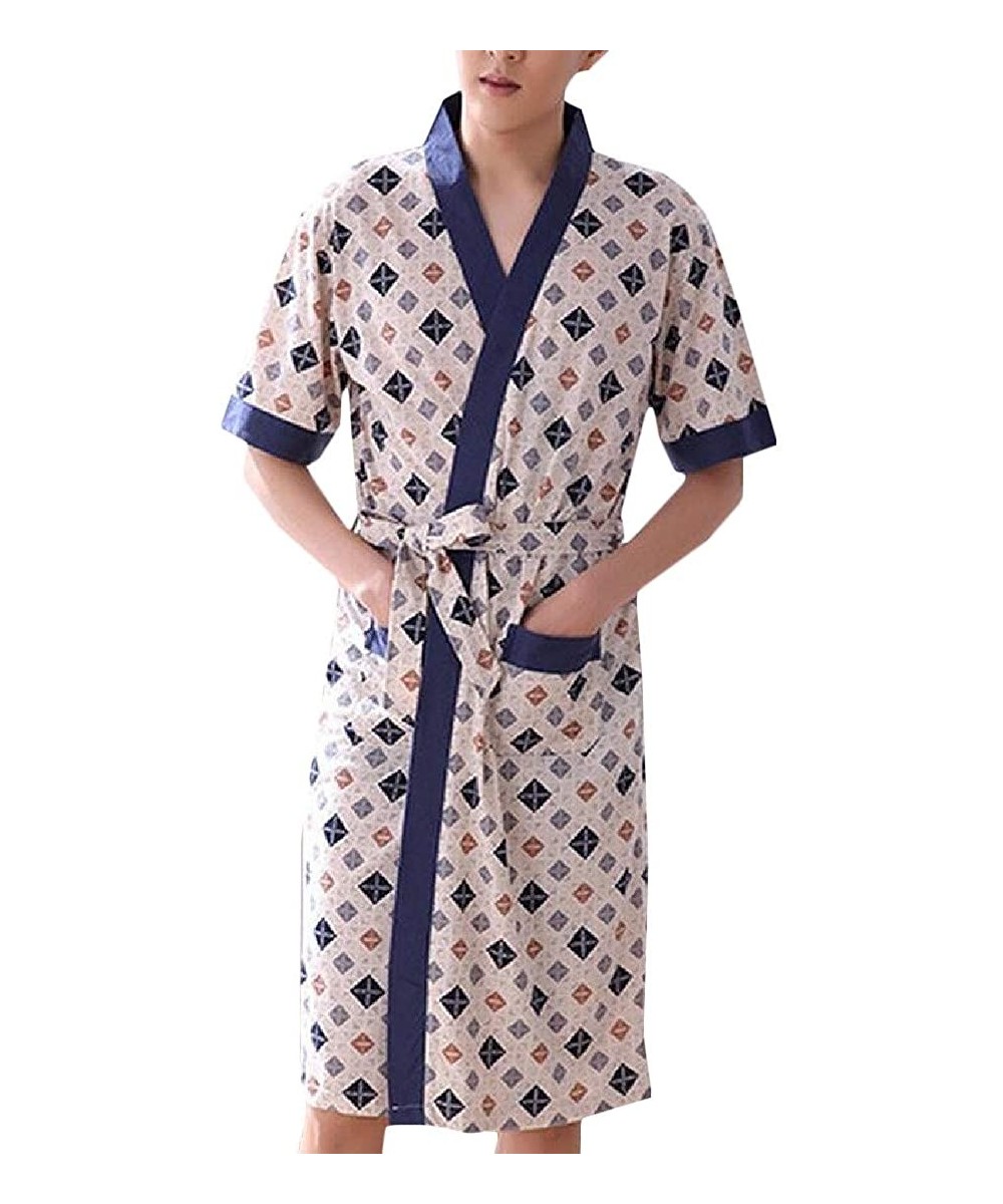 Robes Mens Comfy Kimono Plaid Short Sleeve Sleepwear Bathrobe Robe - 3 - C118T03SYDA