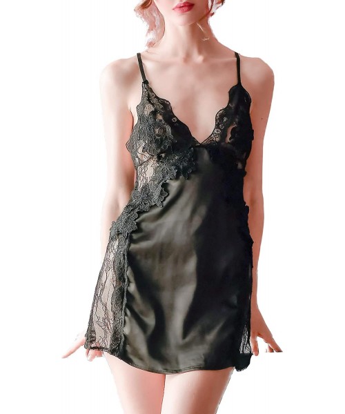 Nightgowns & Sleepshirts Women Lace Flower Lingerie Dress V Neck Satin Nightgown See Through Slip Side - Black - CS193S9O38S