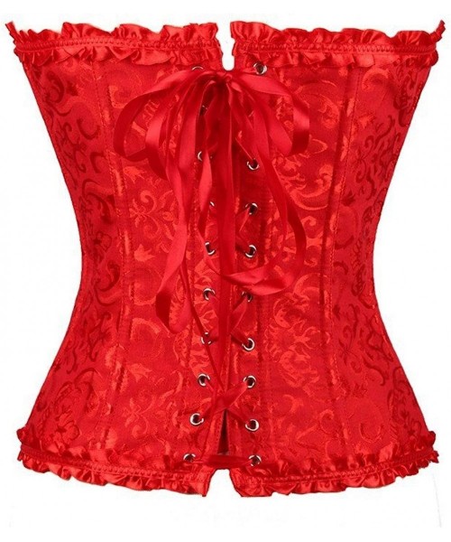 Bustiers & Corsets Vintage Corset Top Overbust Bustier Lace Up Burlesque with G-String - Red - CA18UWSSCSI