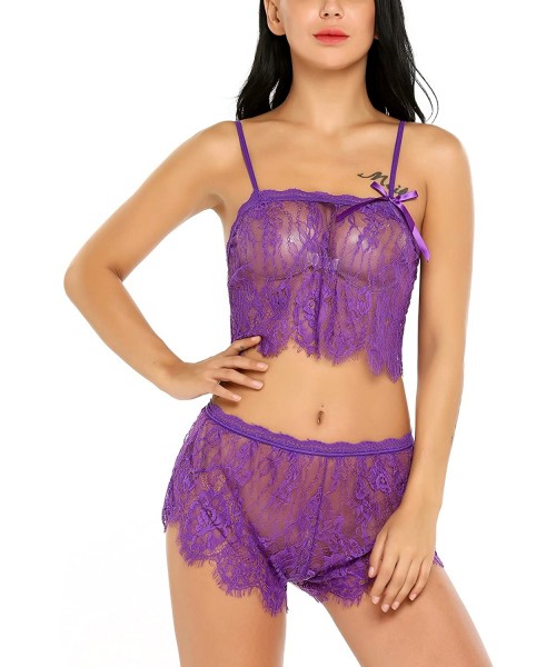 Baby Dolls & Chemises Women Sexy Lingerie Four Piece Unlined Lace Bra Set with G-String Cuffs and Eye Cover - Style 2- Purple...