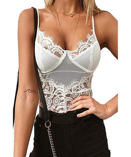 Shapewear Women Sexy Lingeries Sets V Neck Hollow-Out Lace Bodysuit Teddy Rompers - Floral White - CB18TQAK65R