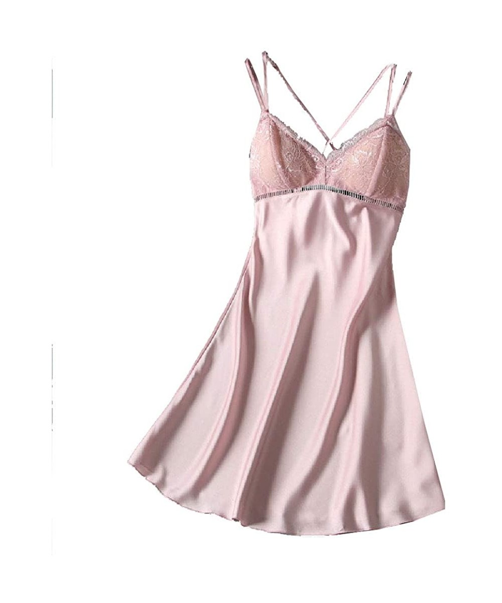 Nightgowns & Sleepshirts Women's Sexy Light Weight Charmeuse Sling Silky Backless Sleepwear - Pink - C8199U30NS6