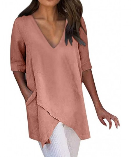 Slips Fashion Women V Neck 3/4 Sleeve Solid Irregular Tops Loose Casual Pockets Blouses Shirts - Orange 1 - CP18XI77CGU