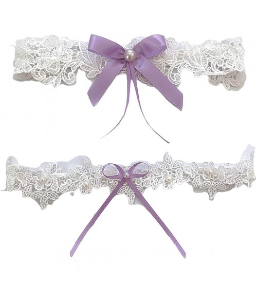 Garters & Garter Belts Bride Garter Legs Belt Flower Floral Garter Lace Leaf Garter for Wedding Bridal JW26 - Lavender Bow - ...
