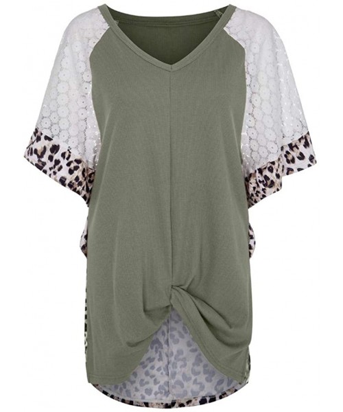 Thermal Underwear Womens Leopard Short Sleeve Twist Knot Patchwork O-Neck Casual Tunic Tops - I-green - CD195OW06SO