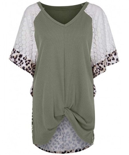 Thermal Underwear Womens Leopard Short Sleeve Twist Knot Patchwork O-Neck Casual Tunic Tops - I-green - CD195OW06SO