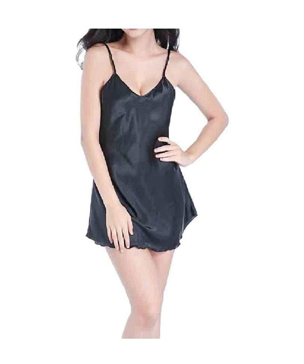 Nightgowns & Sleepshirts Womens Plus-Size Cozy Charmeuse Short Dress Sexy Daily Nightgown - Black - C2190DRSN36