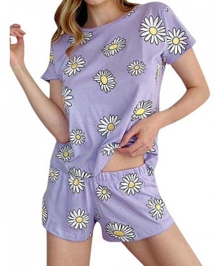 Sets Women's Pajama Set Sleepwear Fashion Daisy Print Short Sleeve O Neck T-Shirts Shorts Set Nightwear - Purple - C719C2C825Z