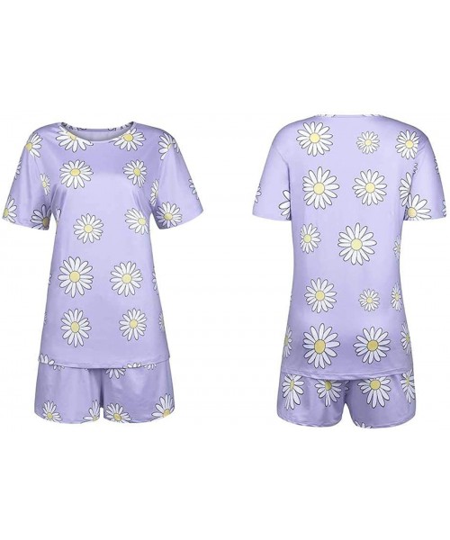 Sets Women's Pajama Set Sleepwear Fashion Daisy Print Short Sleeve O Neck T-Shirts Shorts Set Nightwear - Purple - C719C2C825Z