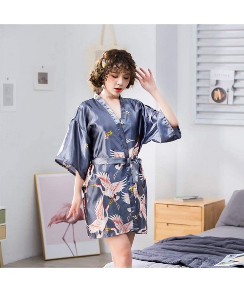 Robes Womens Kimono Robe Satin Pajama Dress V Neck Silk Bridesmaid Nightgown Bathrobe for Wedding Party - Silver+ Gre - CW19C...