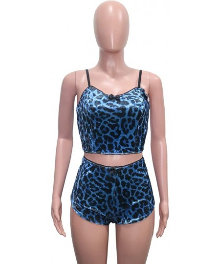 Sets 2 Piece Pajamas for Women - Sexy Velvet Short Sets Spaghetti Strap Crop Top + Shorts Set - Blue - CI198DK5X6C
