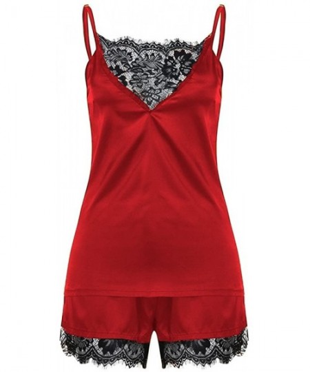 Sets Women Lace Sleepwear Satin Pajama Cami Shorts Set Nightwear - Red - CV18NNXHKOE