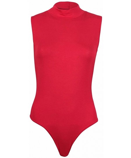 Shapewear Fashion Sexy Women's Basic Solid Turtleneck Stretch Sleeveless Bodycon Leotard Bodysuit Lingerie Top - Red - C318OC...