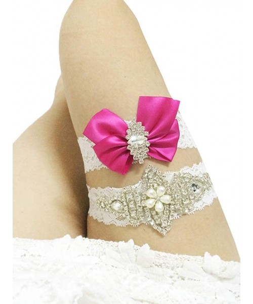 Garters & Garter Belts Luxury Lace Wedding Garter Set for Bride Rhinestones Bridal Garters - 1-fuschia - CB18H883NLE