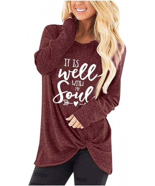 Tops Women Letter Print Twisted Knot Tunics Tops Blouses Casual Long Sleeve Blouse Tshirt Tee Tops - Wine - CD193SAKXSQ