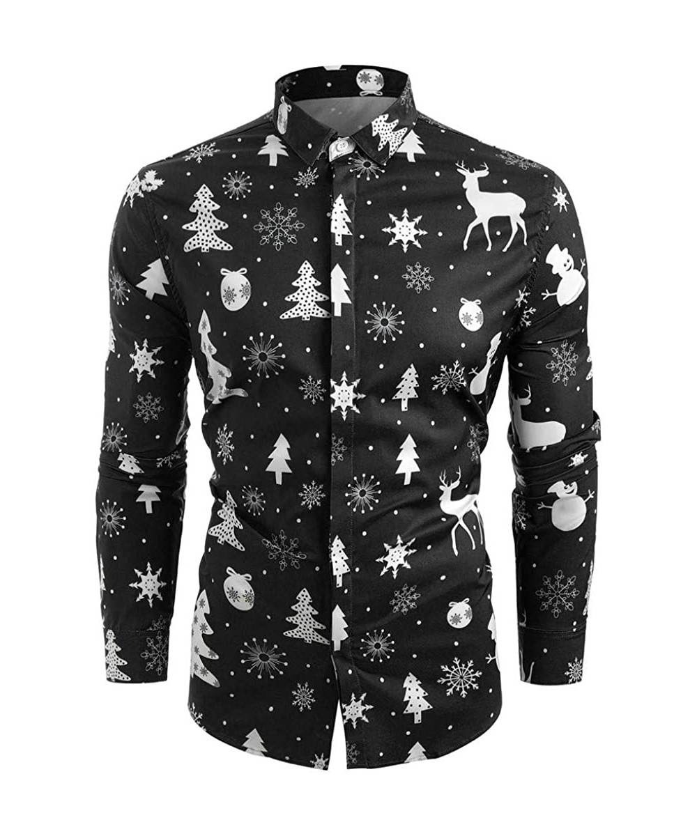 Thermal Underwear Men Christmas Dress Shirt 3D Snowflakes Santa Candy Printed Turn-Down Collar Casual Tops - A-black - CP18A4...
