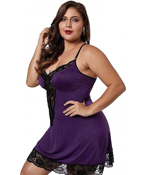 Slips Women Sexy Plus Size Satin Chemise Babydoll Silky Lingerie Dress with Lace Trim Chemise Sleepwear M-4XL - Purple - C519...