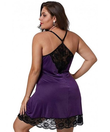 Slips Women Sexy Plus Size Satin Chemise Babydoll Silky Lingerie Dress with Lace Trim Chemise Sleepwear M-4XL - Purple - C519...