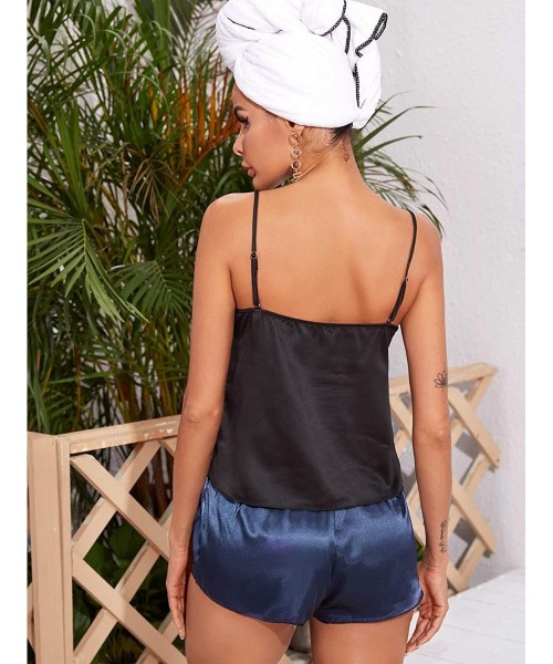 Sets Women's Sleepwear Lace Cami Top with Striped Print Shorts 2 Piece Lingerie Pajama Set - Black Navy - C719D3G8798