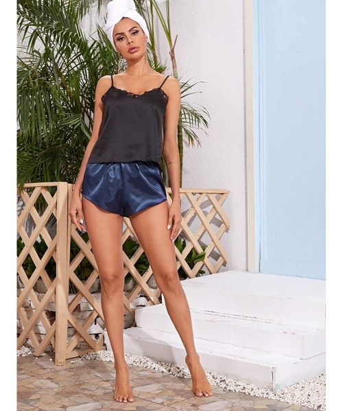 Sets Women's Sleepwear Lace Cami Top with Striped Print Shorts 2 Piece Lingerie Pajama Set - Black Navy - C719D3G8798