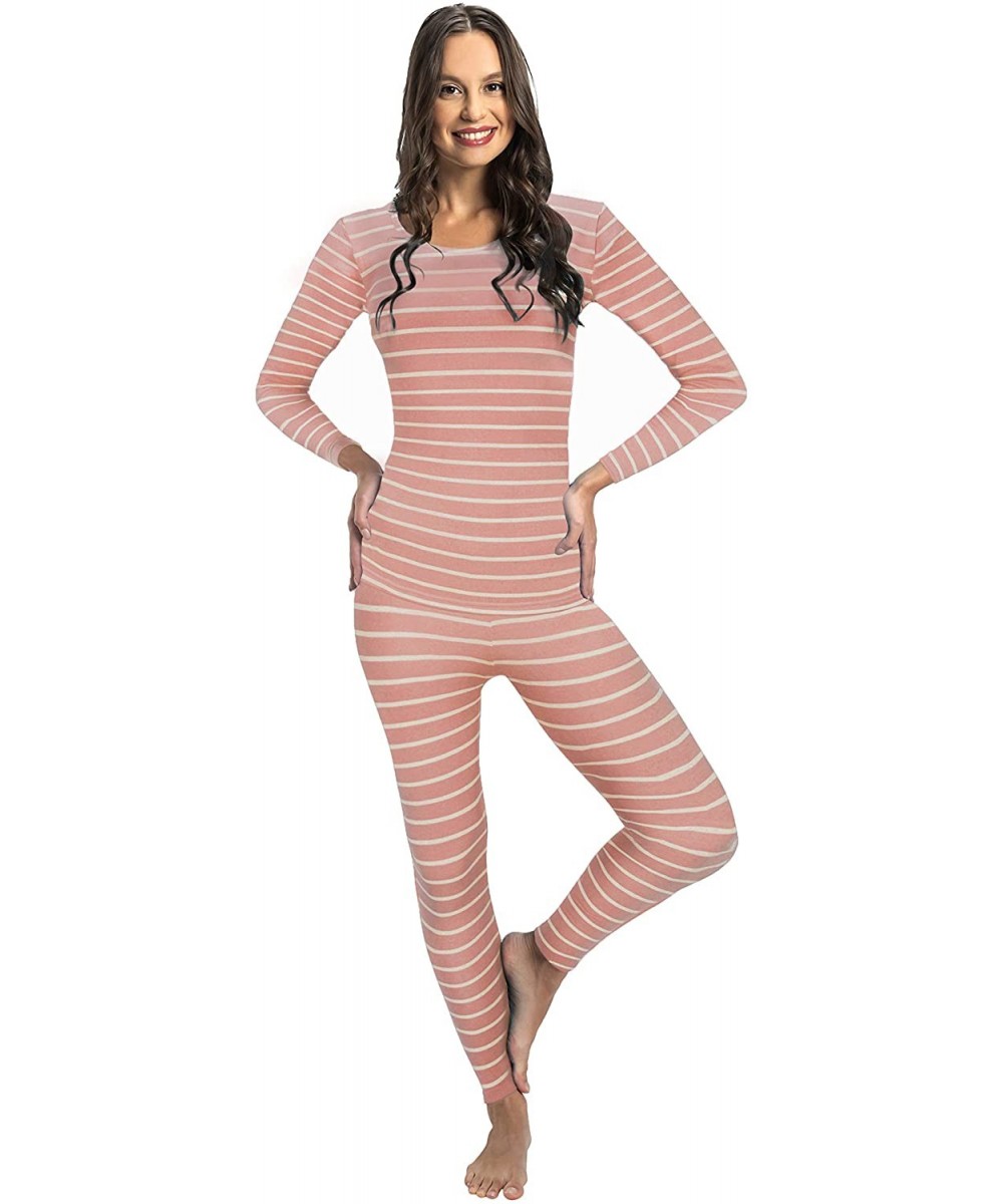 Thermal Underwear Thermal Underwear for Women Fleece Lined Thermals Women's Base Layer Long John Set - Pink Striped - Midweig...