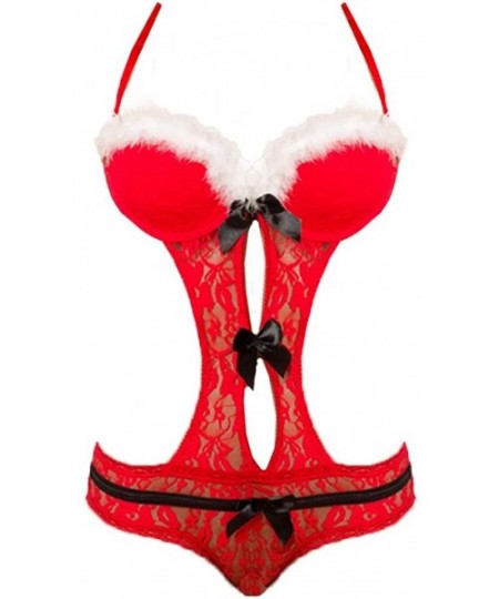 Baby Dolls & Chemises Sexy Women's Christmas Lingerie Red Santa Babydoll Set Strap Chemises Outfit Lace Sleepwear - Red - C91...
