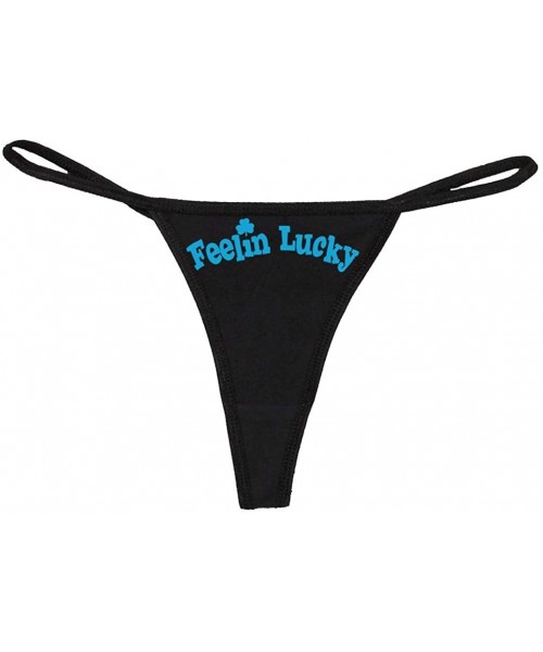 Panties Women's Cute Flirty Feeling Lucky Irish Shamrock Thong - Black/Sky Blue - CM11UPLTLY7