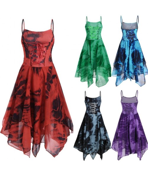 Nightgowns & Sleepshirts Irregular Tie Dye Sleeveless Lace Up Corset Bodice Handkerchief Hem Dress Summer Beach Sun Dress - Z...