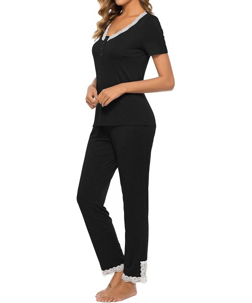 Sets Women Long Pajama Set Cotton Short Sleeve Tops & Pants Soft Pjs Loungwear Sleepwear Set - Black - CD18YYRYL87