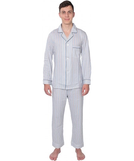 Sleep Sets Mens Sleepwear 100% Cotton Knit Pajama Set - Striped- Blue Piping - C111Y57XNWD