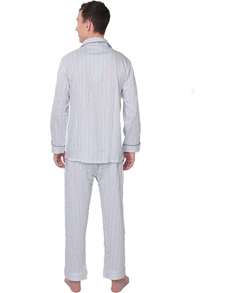 Sleep Sets Mens Sleepwear 100% Cotton Knit Pajama Set - Striped- Blue Piping - C111Y57XNWD