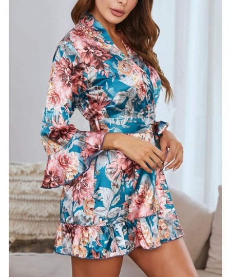Robes Women's Silky Stain Floral Print Lightweight Robe Lounge Wear with Attached Belt - 2 Blue Flower - CH19DYGOIQ5