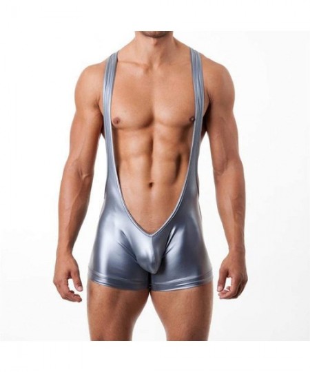 Shapewear Men's Smooth Patent Leather Open Chest Low Rise Leotard Wrestling Singlet Bodysuit - CO19DHY6OK9