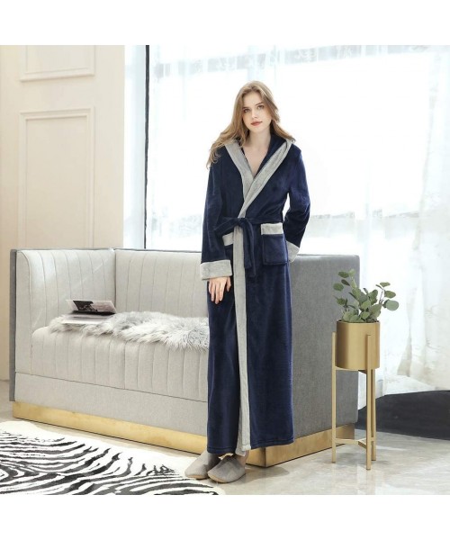 Robes Couples Winter Lengthened Bathrobe Splicing Home Clothes Long Sleeved Robe Coat - Navy - CT194IZSZ4L
