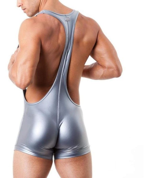 Shapewear Men's Smooth Patent Leather Open Chest Low Rise Leotard Wrestling Singlet Bodysuit - CO19DHY6OK9