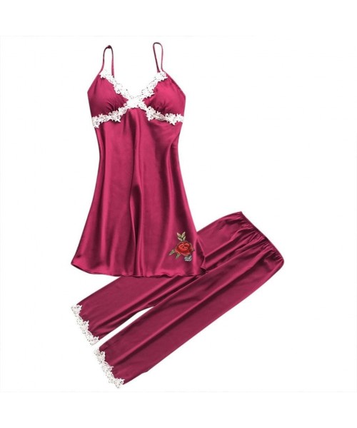 Nightgowns & Sleepshirts Sexy Lingerie Nightie for Women Rose Lace Patchwork Camisole Pants Sleepwear Homewear - Wine Red - C...