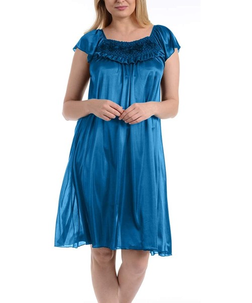 Nightgowns & Sleepshirts Women's Satin Silk Ruffle Nightgown - Jewel Blue - C912HVD0IQV
